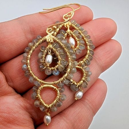Labradorite & Pearl dangle Earring, Gemstone Brass jewelry, 22k gold plated